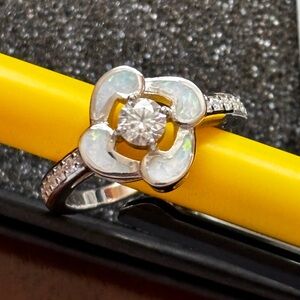 Sterling Silver Opal Flower Ring with Moissonite Accent - White Opal